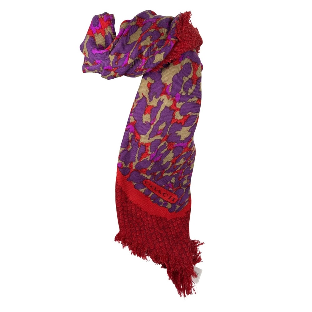 COACH Ocelot Animal Print Square 100% Wool Shawl in violet, sage, and vermillion